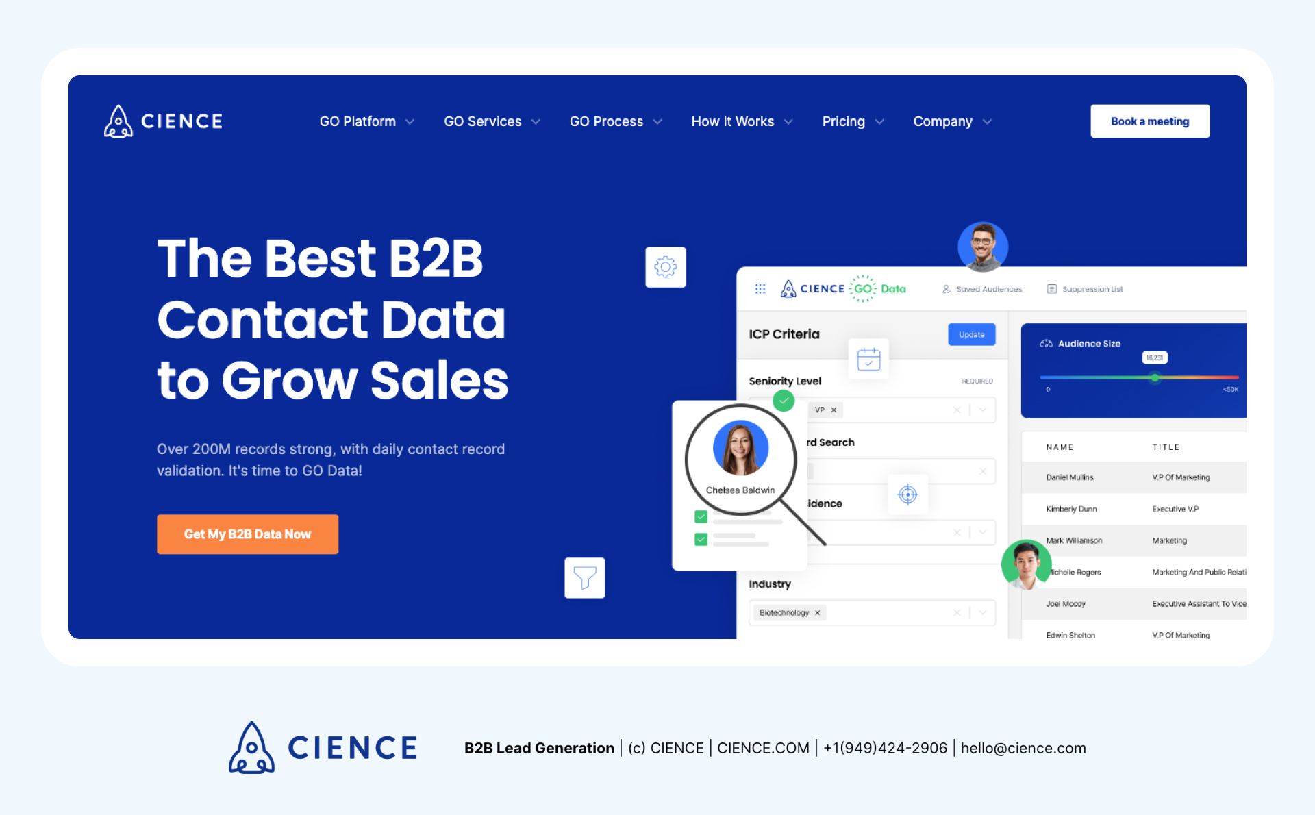 CIENCE GO Data dashboard showing prospect search filters and enriched contact records for B2B sales targeting